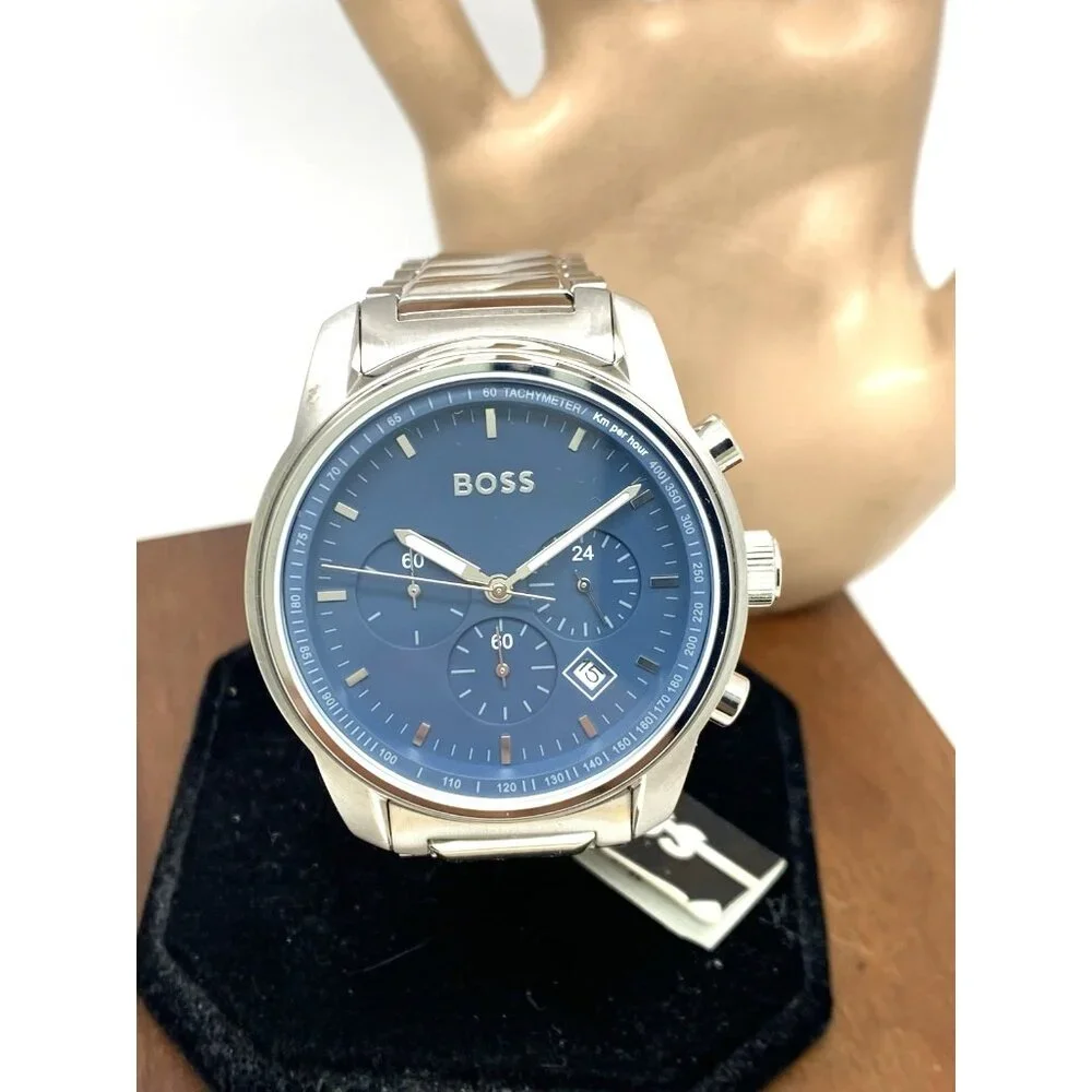 Hugo Boss Men's Watch 1514007 Quartz Chronograph Blue Dial Silver Steel 44mm